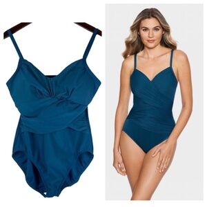 Miraclesuit Swimsuit 16 XL 1X Blue Teal One Piece Ruched Slimming Cruise